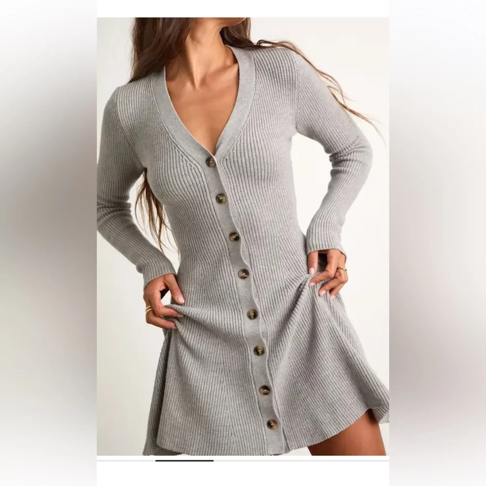 Lulu's Gray Ribbed Button-Front Sweater Dress - Picture 3 of 8